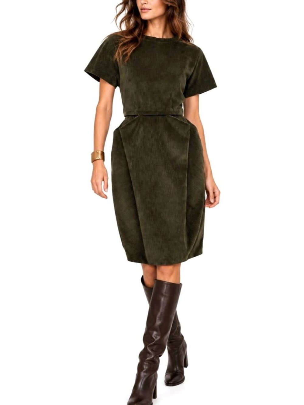Vintage Cacharel Corduroy Tulip Dress Sz 8 Cotton Olive Green Architectural Midi